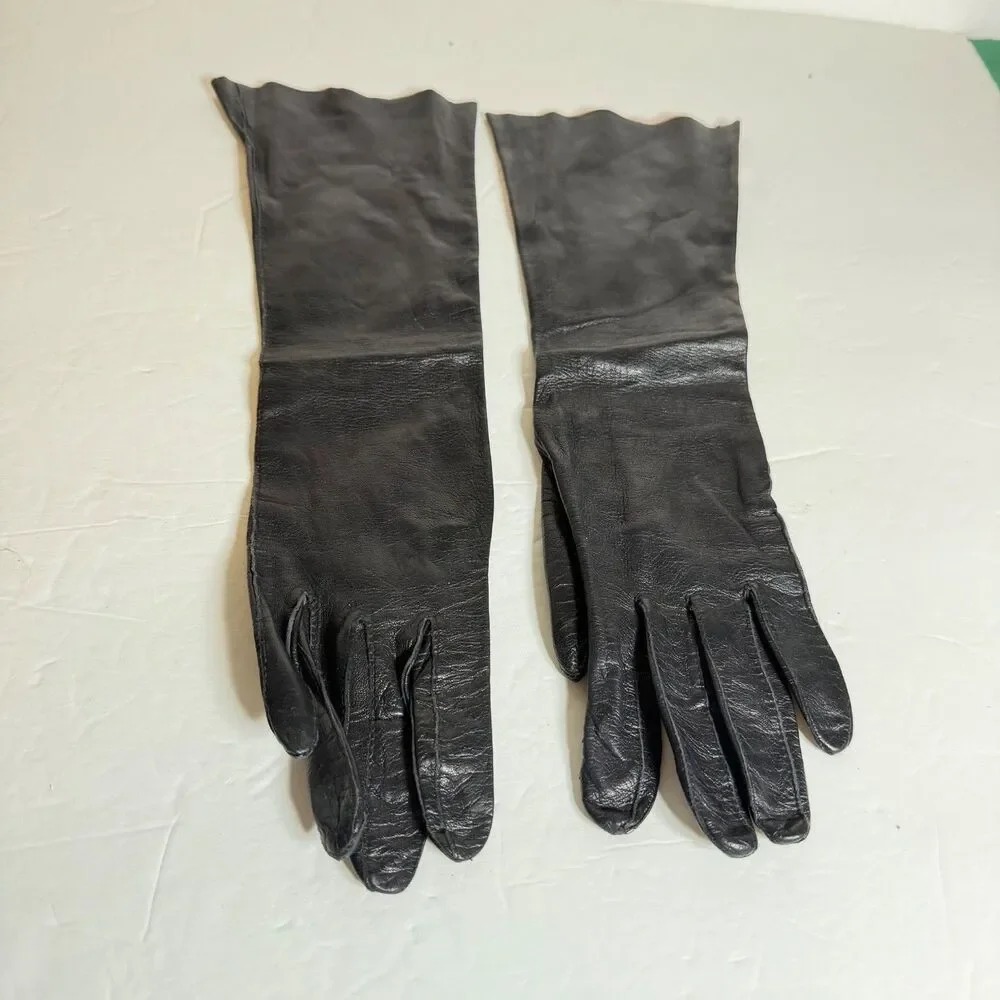 Vintage Kayser Black Leather Opera Gloves Italy Unlined Soft Leather Long 13